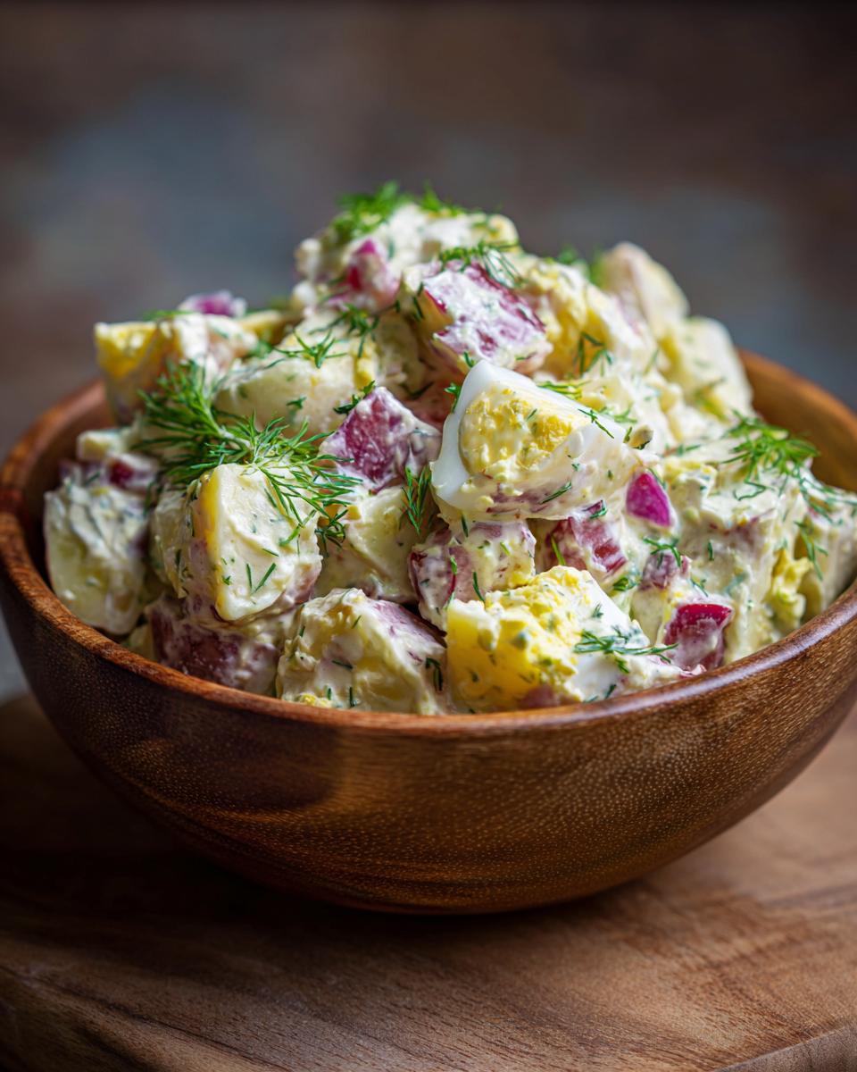 A wooden bowl filled with creamy potato salad with egg, red onion, and fresh dill.