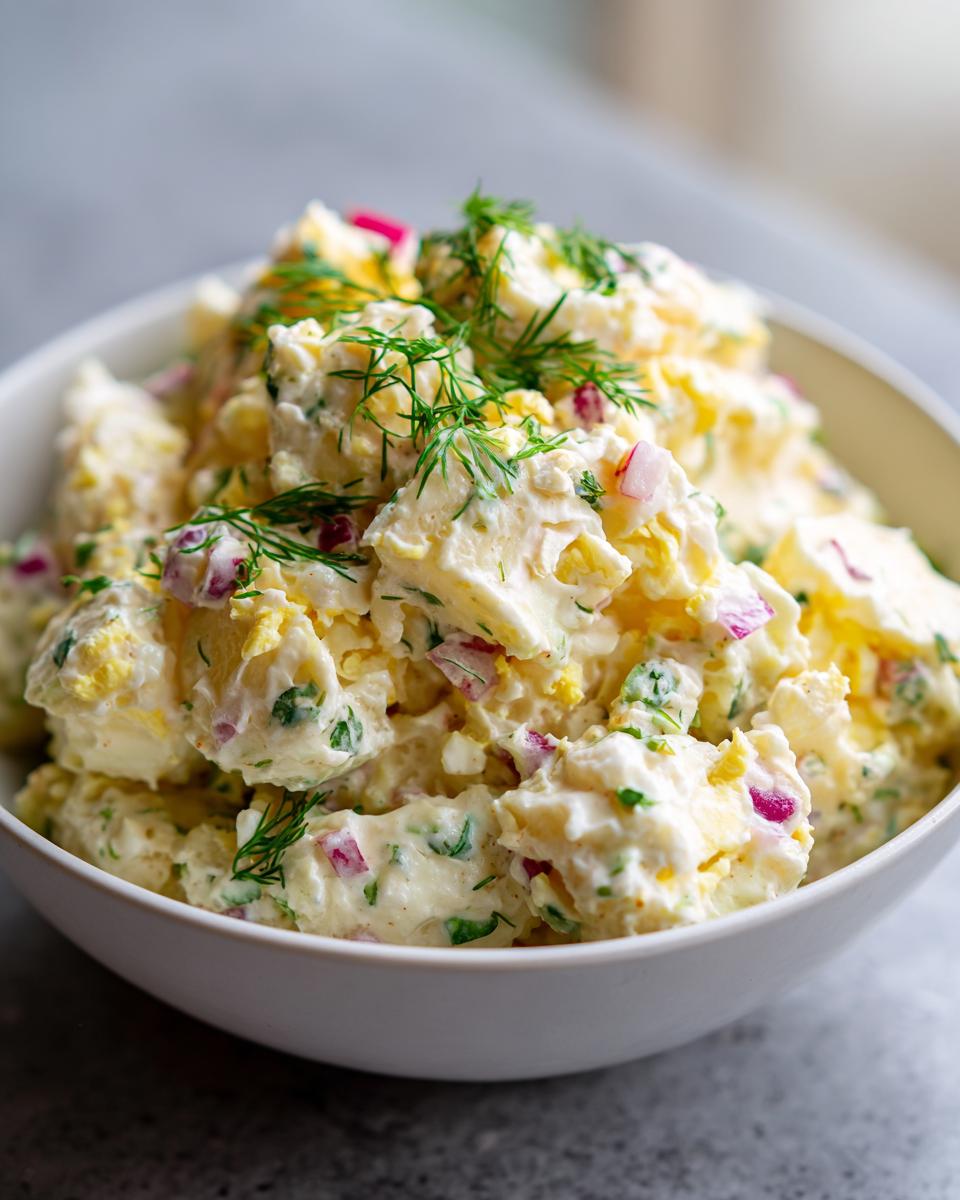 A close-up of a white bowl filled with creamy potato salad with egg, red onion, and fresh dill.