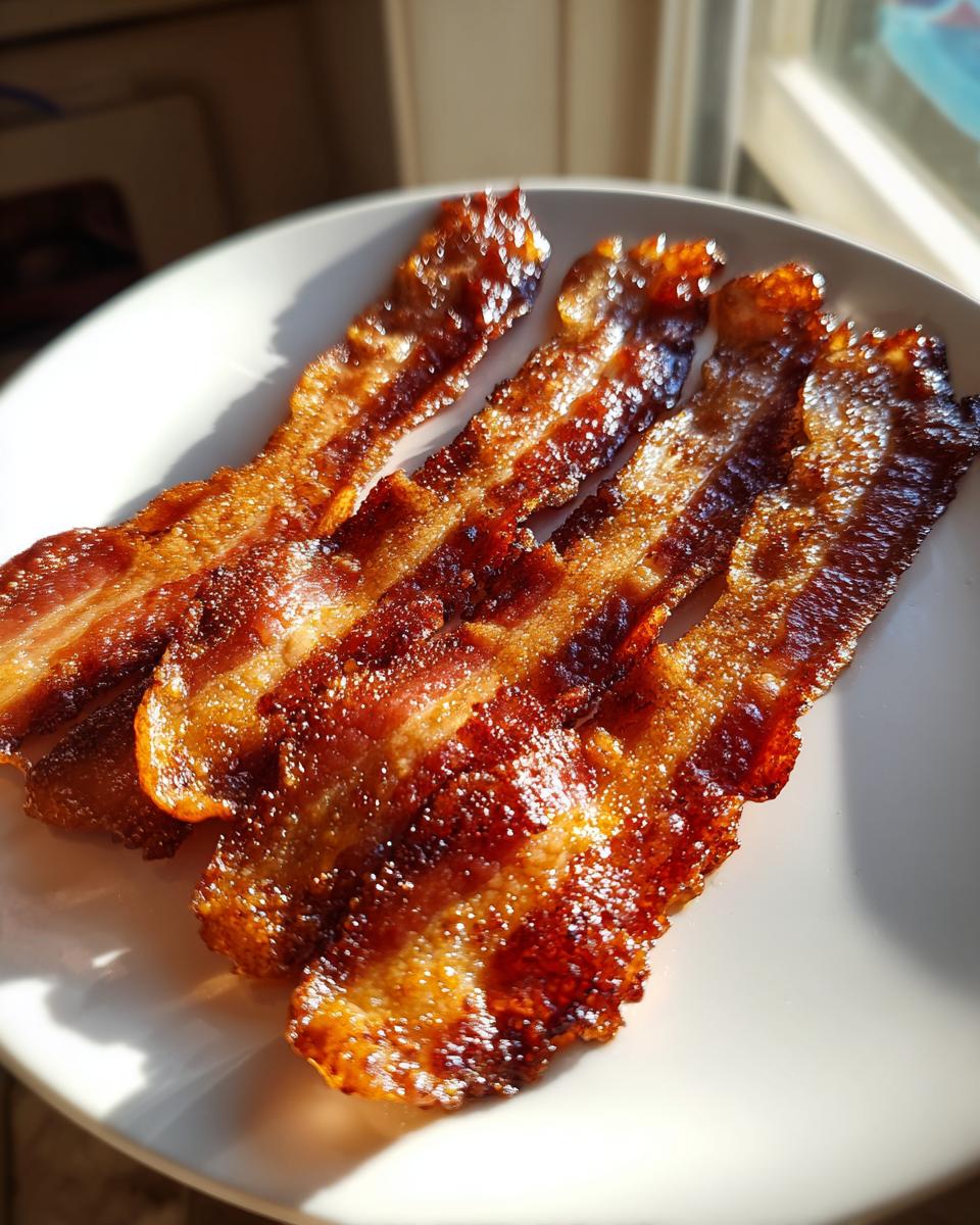 Four strips of perfectly cooked, crispy Air Fryer Bacon glistening on a white plate in bright sunlight.