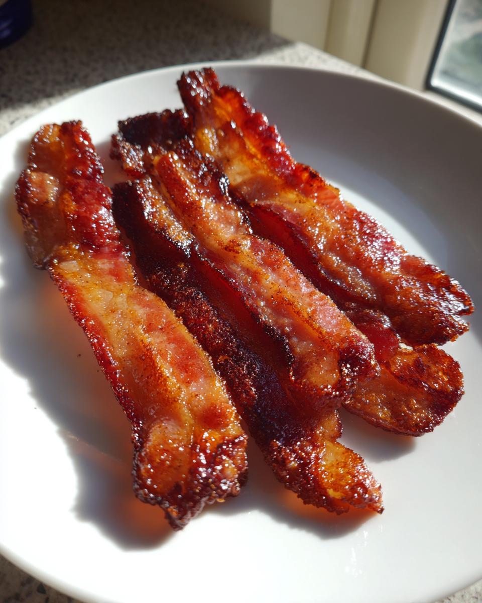 Four strips of perfectly cooked, crispy Air Fryer Bacon resting on a white plate, glistening in sunlight.