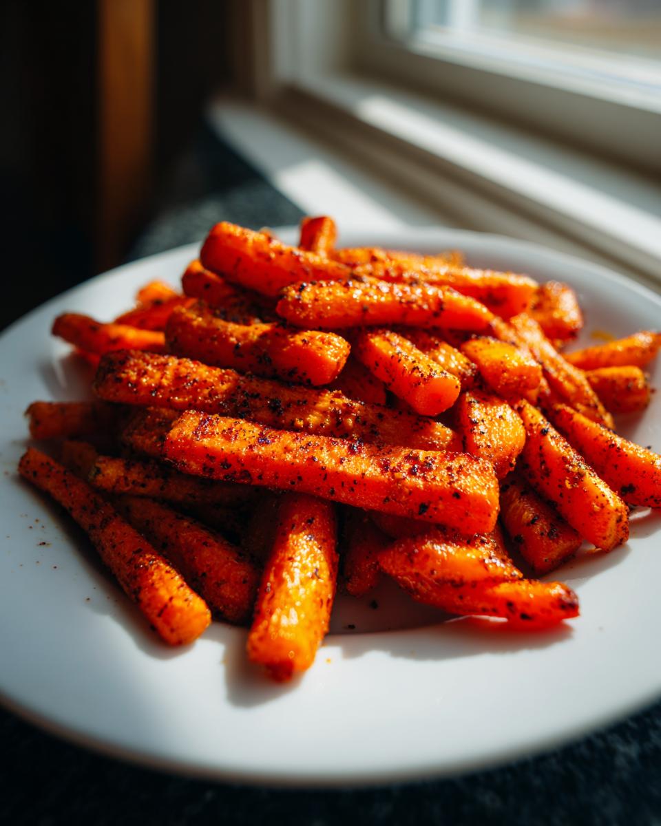 A close-up of a pile of bright orange, seasoned Air Fryer Carrots served on a white plate near a window.