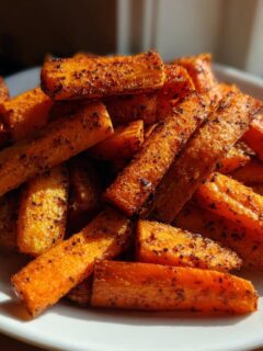 A close-up of seasoned, crispy Air Fryer Carrots piled high on a white plate, catching sunlight from a window.