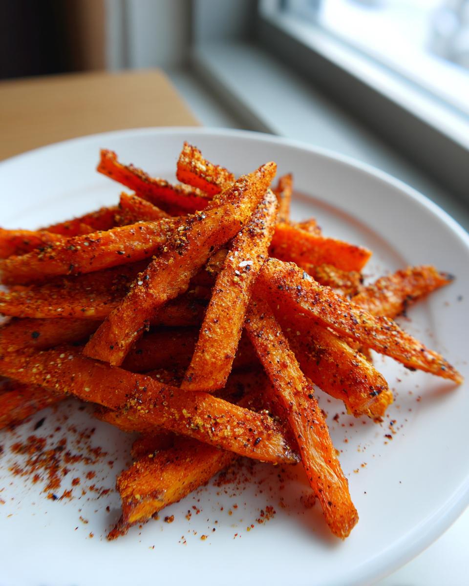 Close-up of crispy, seasoned Air Fryer Carrots cut into fry shapes, piled on a white plate.