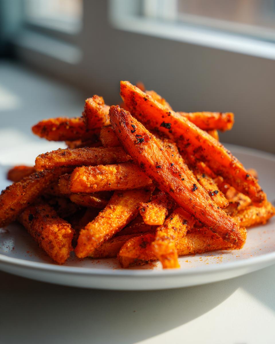 Close-up of a pile of perfectly seasoned and crispy Air Fryer Carrots served on a white plate.