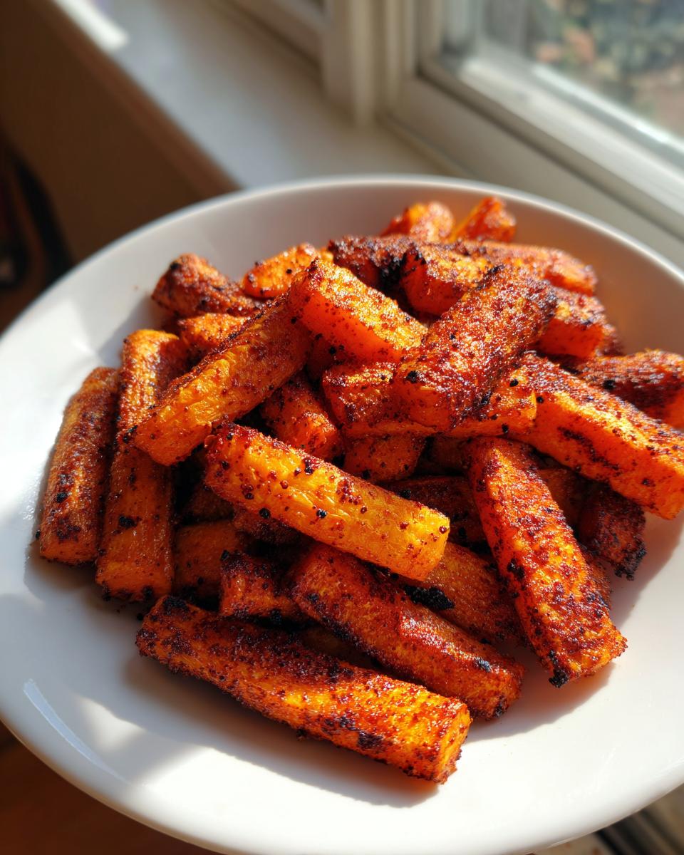 A white bowl filled with perfectly cooked, seasoned Air Fryer Carrots cut into sticks, showing crispy edges.