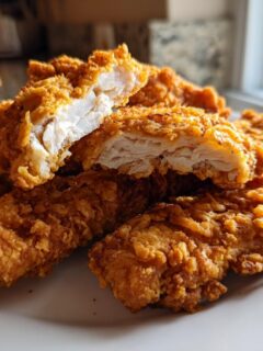 A pile of golden, crispy Air Fryer Chicken Tenders on a white plate, with one piece cut in half showing the juicy white meat inside.