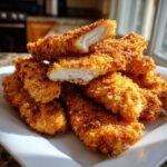 A pile of golden brown, crispy Air Fryer Chicken Tenders, one piece broken open showing the white, juicy interior.