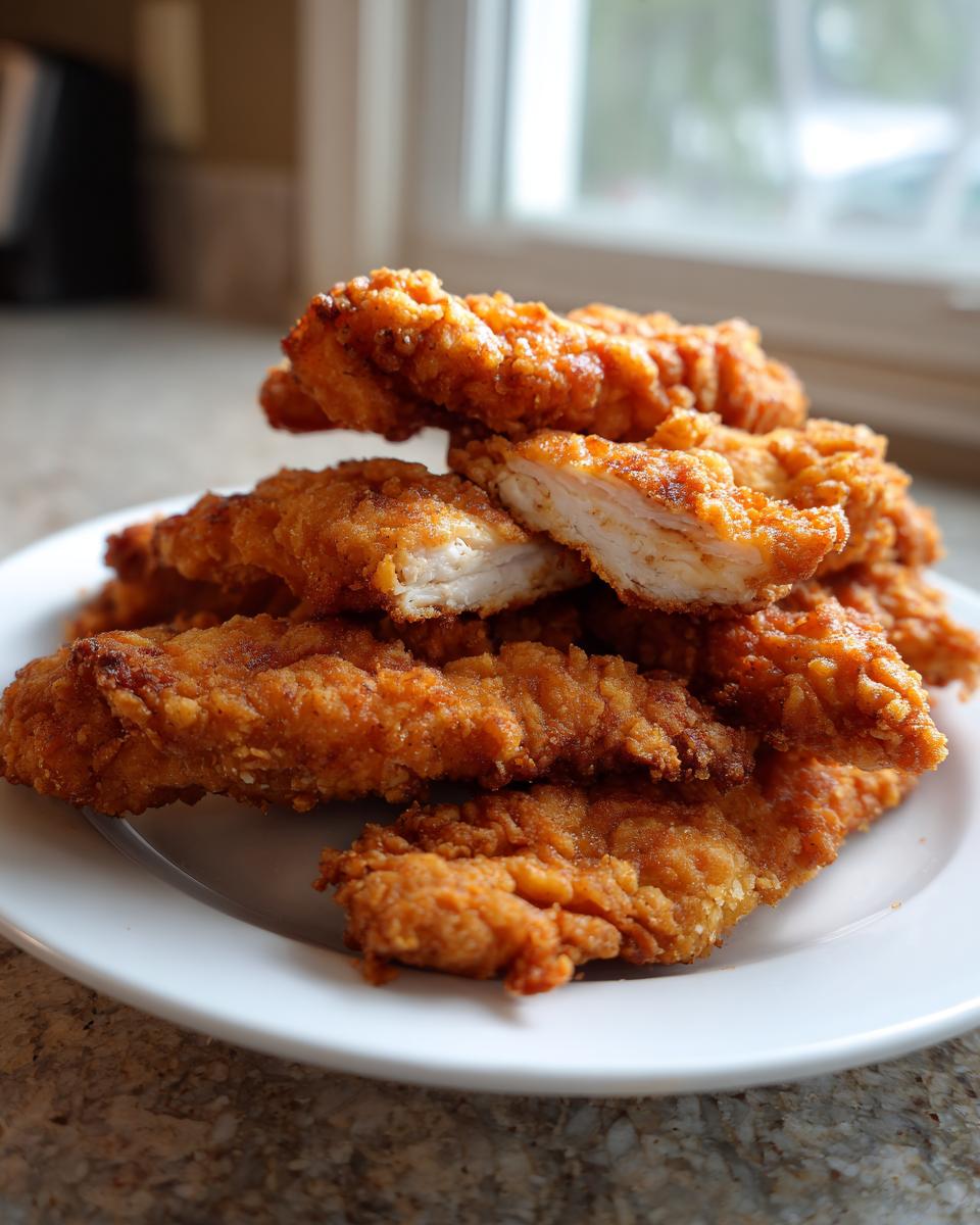 A close-up stack of golden brown, crispy Air Fryer Chicken Tenders, with one piece cut open showing the juicy white meat inside.