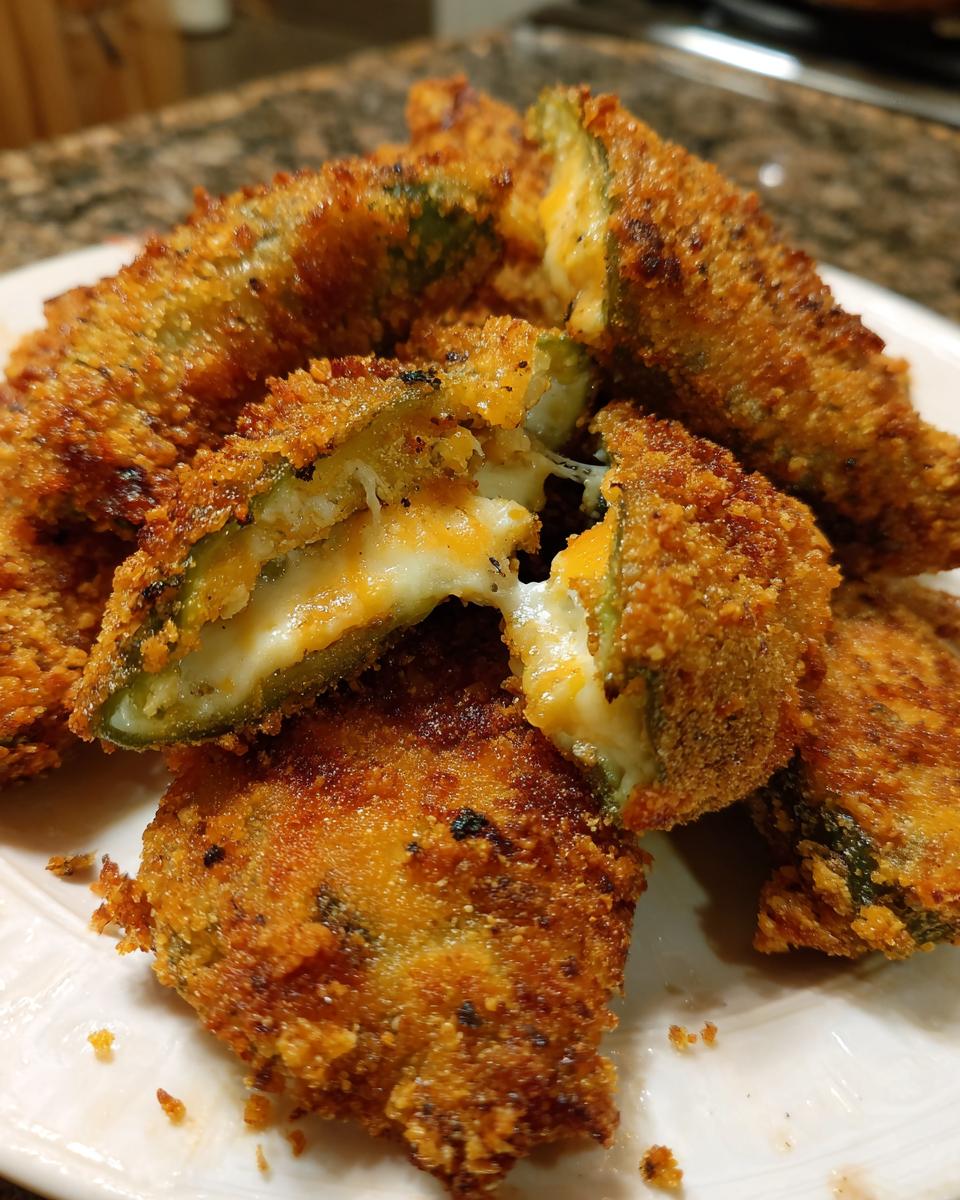 Close-up of crispy Air Fryer Jalapeno Poppers, one is broken open showing melted cheese.