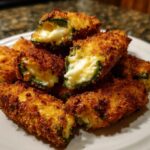 Close-up of golden brown, crispy Air Fryer Jalapeno Poppers piled on a plate, showing the melted cream cheese filling.