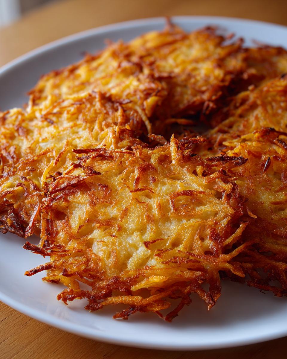 Close-up of several golden brown and crispy Air Fryer Latkes piled on a white plate.