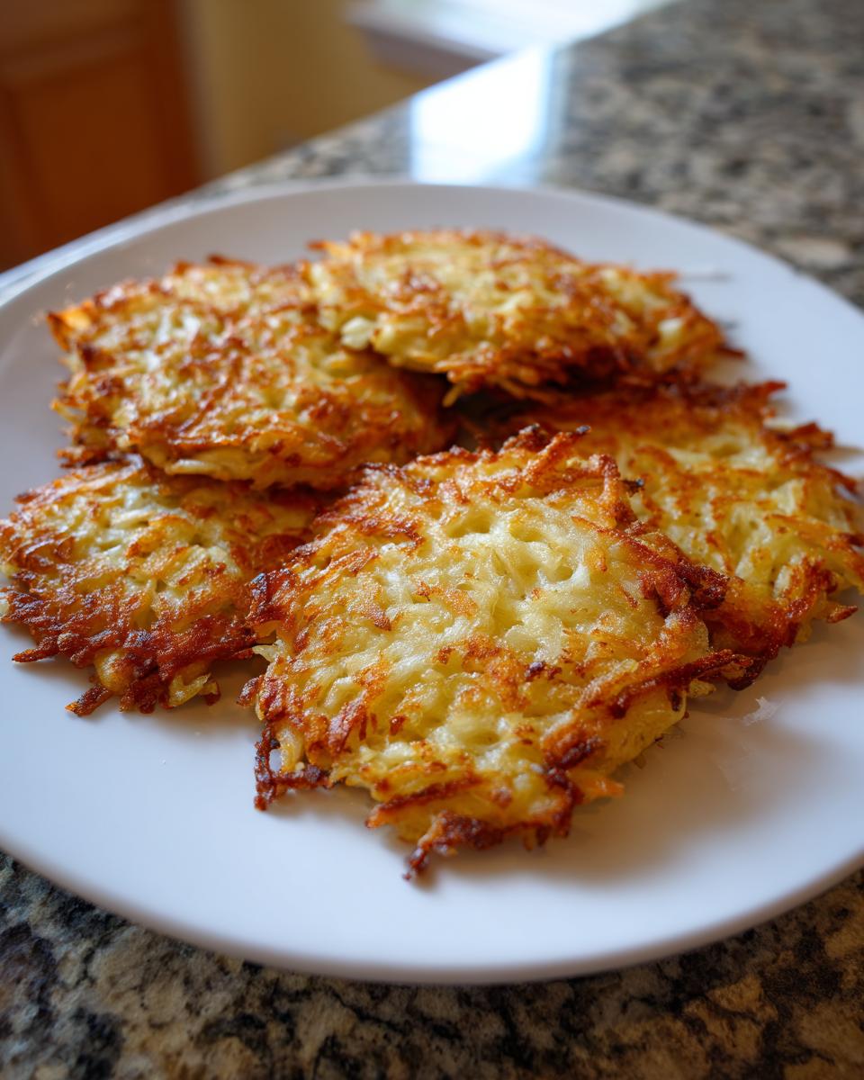 A white plate stacked with golden brown, crispy Air Fryer Latkes, showing shredded potato texture.