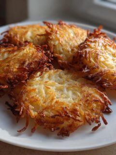 Four golden brown, crispy Air Fryer Latkes piled on a white plate near a window.