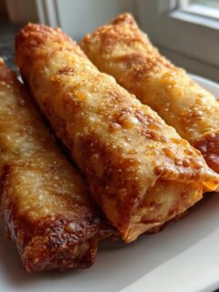 Three golden brown, crispy Air Fryer Spring Rolls stacked closely on a white plate near a window.