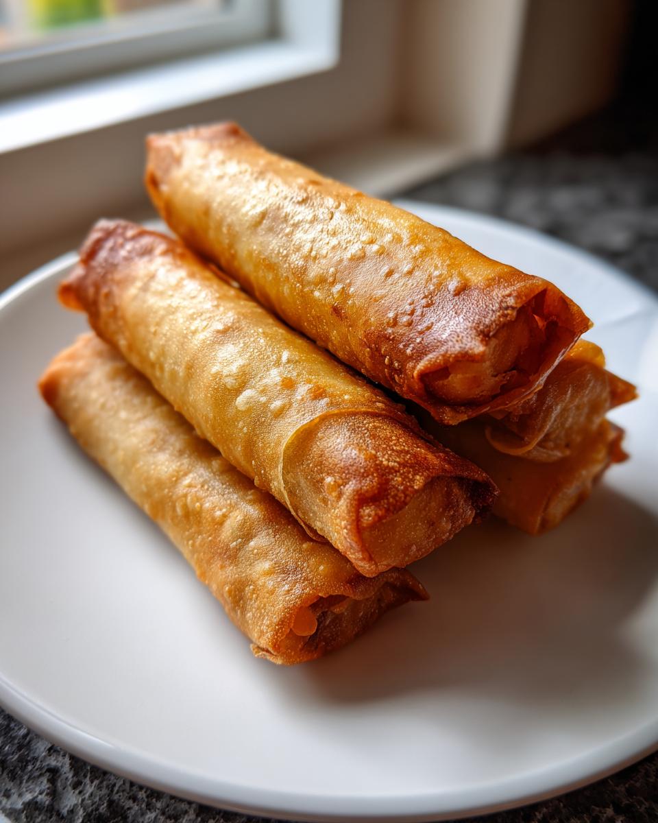 A stack of golden brown, crispy Air Fryer Spring Rolls resting on a white plate.