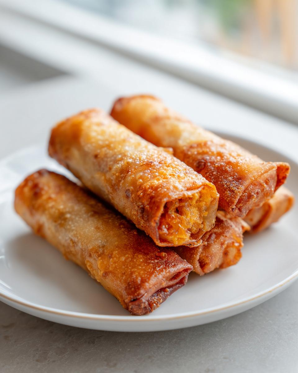 A stack of golden brown, crispy Air Fryer Spring Rolls resting on a white plate near a window.