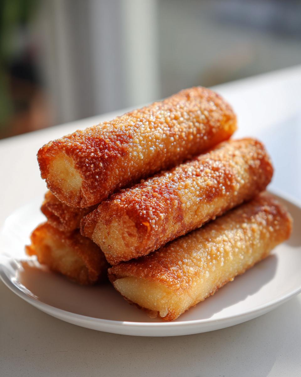A stack of four golden brown, crispy Air Fryer Spring Rolls resting on a small white plate.