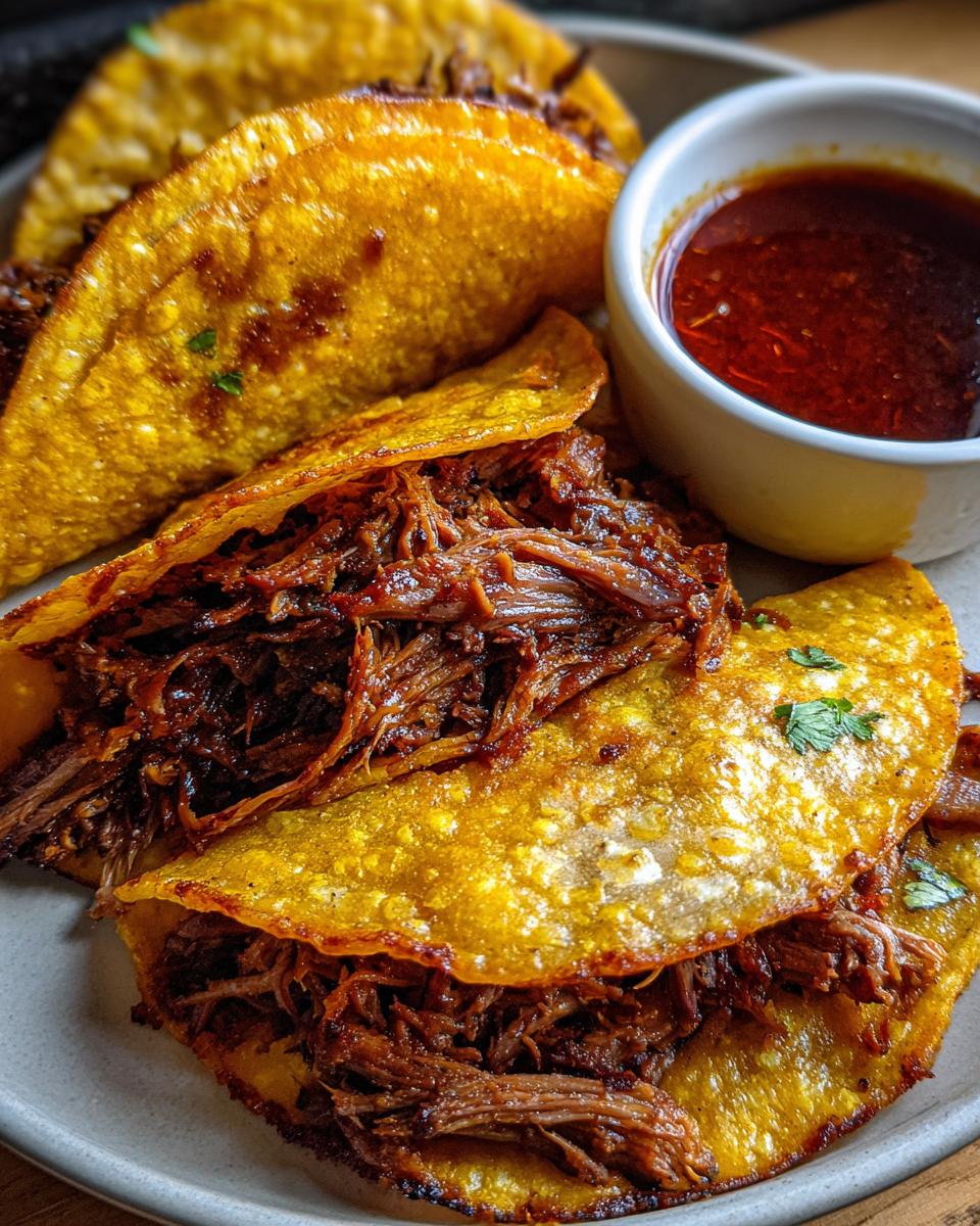 Close-up of crispy, golden tacos filled with rich, shredded Beef Birria, served with a side of consommé.