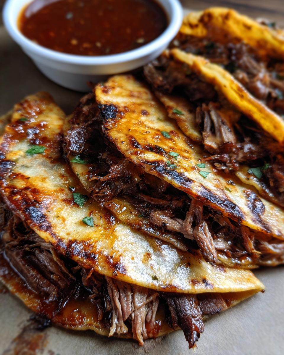 Close-up of crispy, dipped tacos filled with shredded Beef Birria, served with a side of consommé.