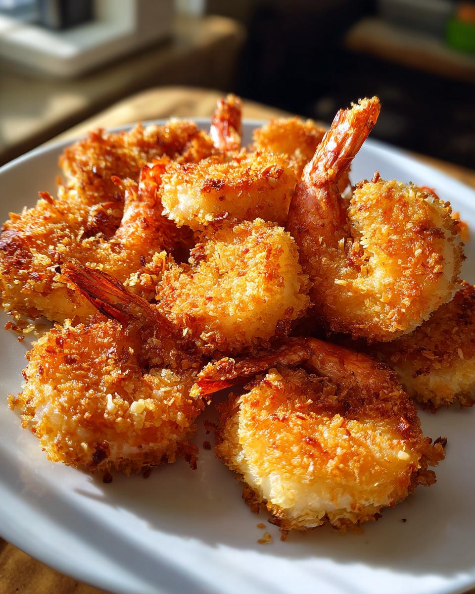 A close-up of a pile of golden-brown Crispy Panko Shrimp, showing their crunchy coating and visible tails.