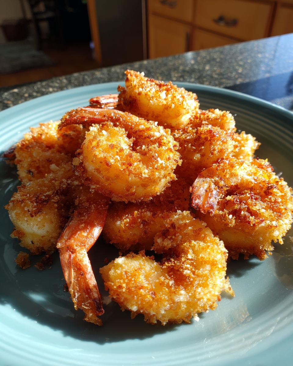 A close-up of a pile of golden-brown crispy panko shrimp on a blue plate, ready to be served.