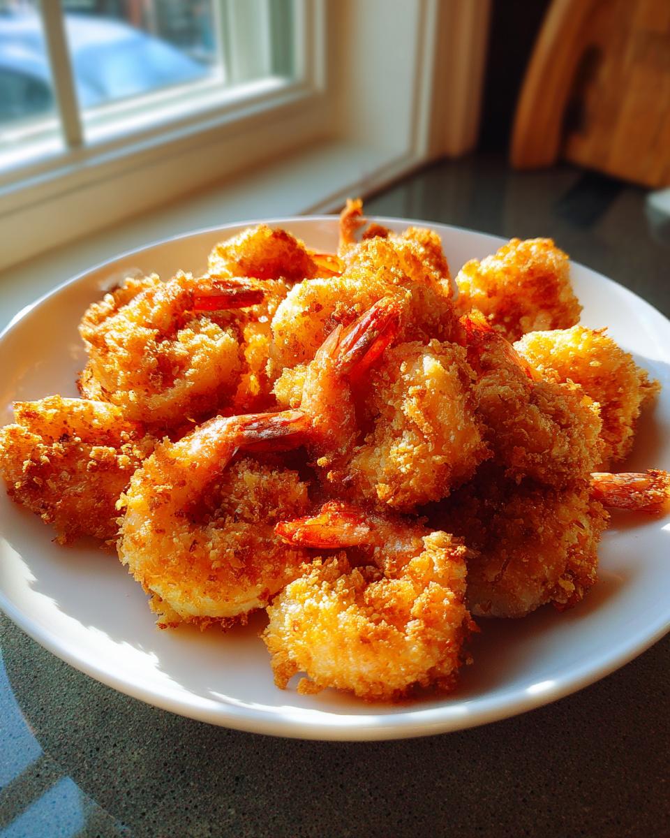A plate full of golden-brown Crispy Panko Shrimp, showcasing their crunchy coating and vibrant tails.
