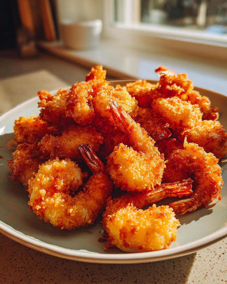 A close-up of a plate piled high with golden-brown, crispy panko shrimp, ready to be enjoyed.