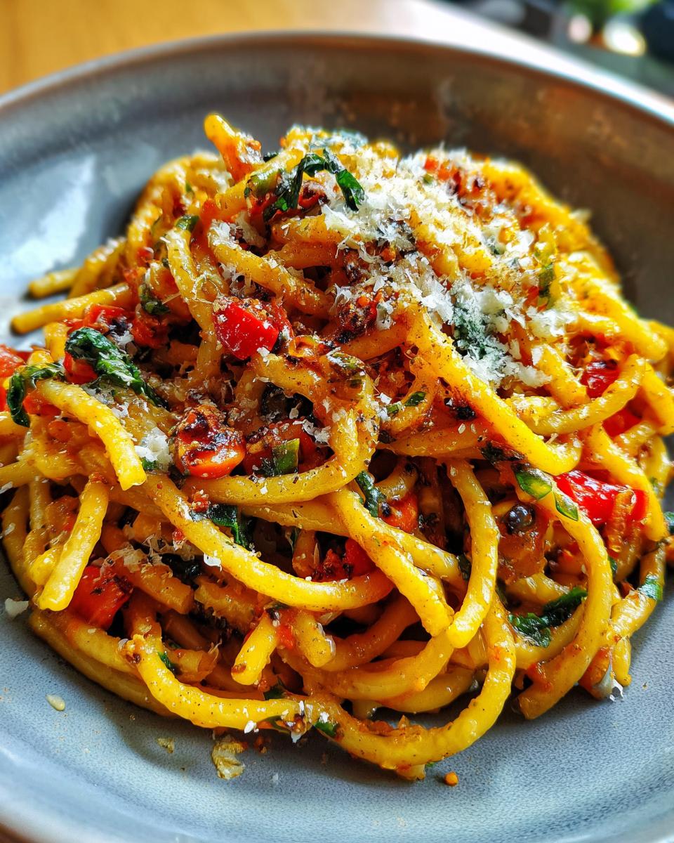 Close-up of a bowl filled with delicious pasta, featuring bucatini noodles coated in a rich sauce with cherry tomatoes, spinach, and grated Parmesan cheese.