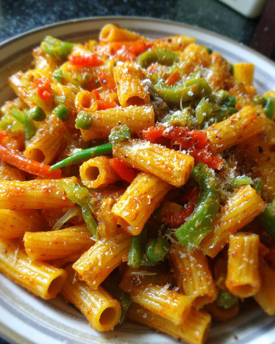 Close-up of a delicious pasta dish with rigatoni, bell peppers, peas, and grated cheese.