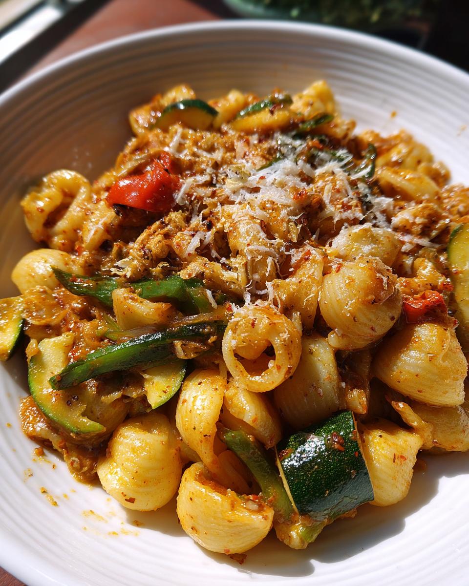 Close-up of a bowl of delicious pasta dish with orecchiette pasta, zucchini slices, green beans, and grated Parmesan cheese.