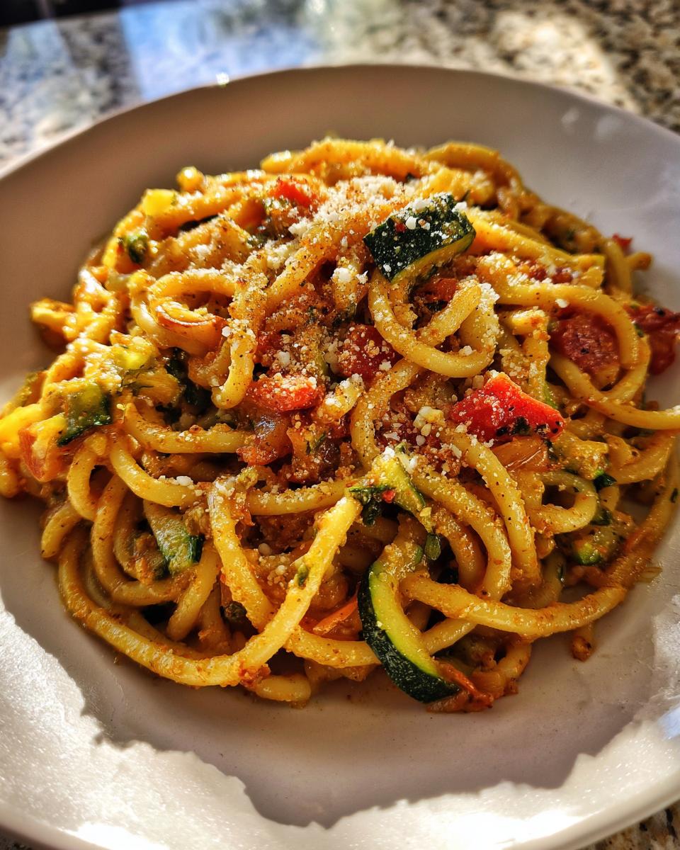 A close-up of a delicious pasta dish with bucatini noodles, zucchini, tomatoes, and grated cheese.
