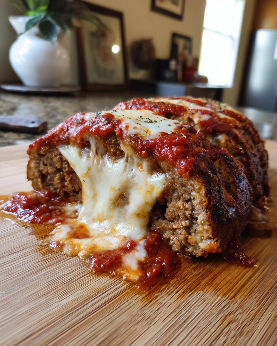 A slice of Delicious Traeger Pizza Meatloaf Recipe, oozing with melted mozzarella cheese and topped with marinara sauce.