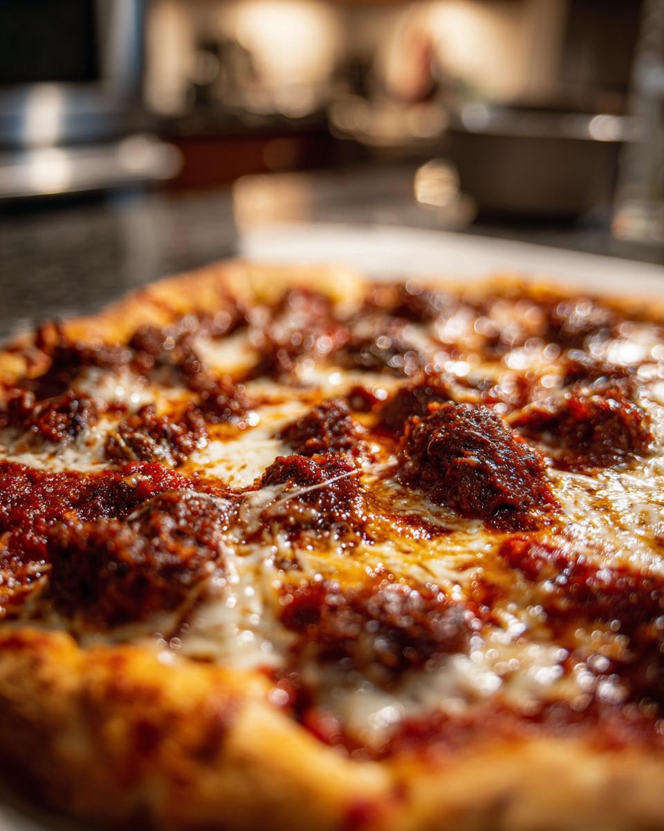 Close-up of a Delicious Traeger Pizza Meatloaf, showing melted cheese and rich tomato sauce.