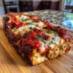 A slice of Delicious Traeger Pizza Meatloaf Recipe For Families topped with melted cheese and marinara sauce, garnished with parsley.