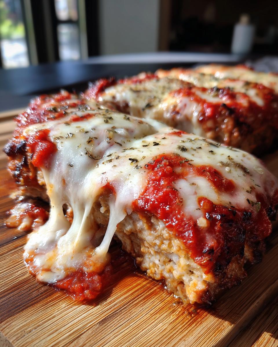 Close-up of a slice of Delicious Traeger Pizza Meatloaf Recipe For Families, topped with marinara sauce and gooey melted cheese.