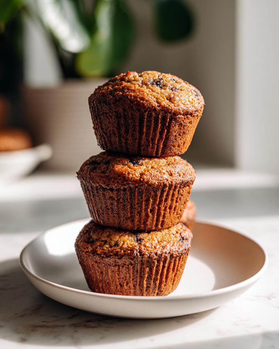 A stack of three Delightful Fathers Day Banana Muffins on a white plate, bathed in natural light.