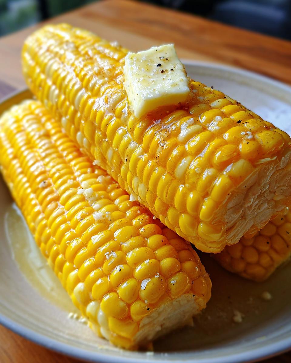 Close-up of two ears of bright yellow microwave corn on the cob, topped with a pat of melting butter and sprinkled with pepper.