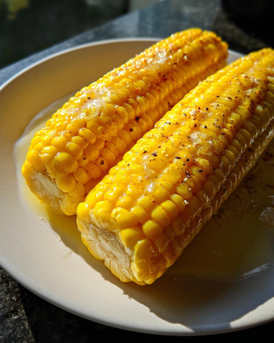 Two ears of bright yellow microwave corn on the cob, glistening with melted butter and sprinkled with black pepper.