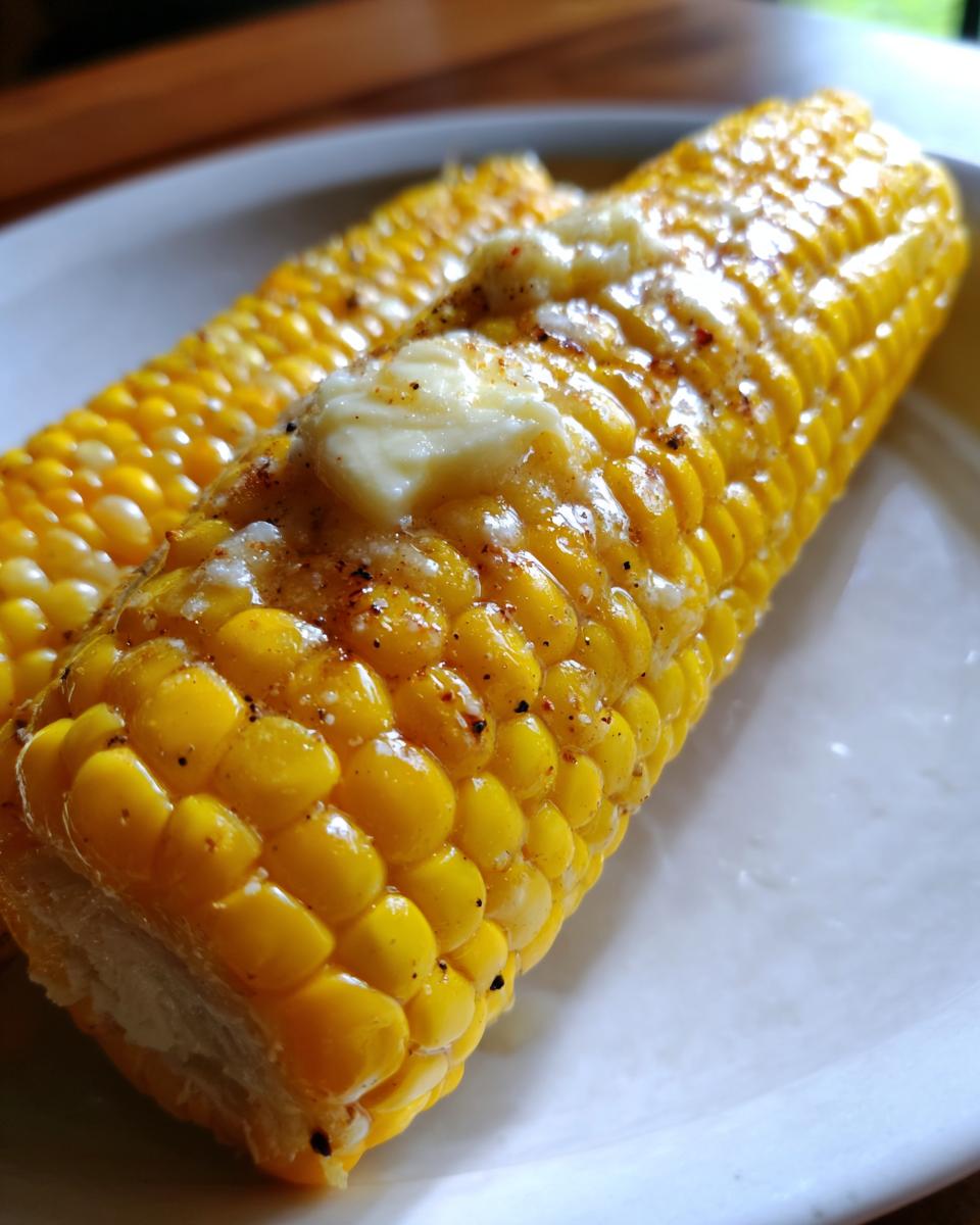 Close-up of two ears of easy microwave corn on the cob, topped with melting butter and seasoning.