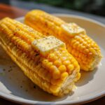 Two ears of perfectly cooked Easy Microwave Corn On The Cob, topped with melting butter and seasoned with pepper.