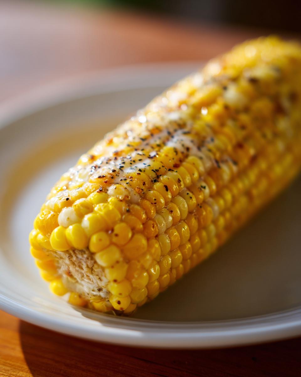 A close-up of perfectly cooked, buttery microwave corn on the cob seasoned with pepper on a white plate.