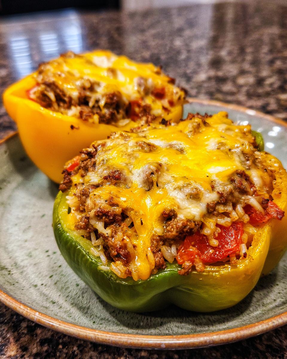 Two Easy Stuffed Bell Peppers, one green and one yellow, filled with a savory meat and rice mixture and topped with melted cheddar cheese.
