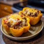 Two yellow bell peppers stuffed with a savory mixture of ground meat and rice, topped with melted cheese.
