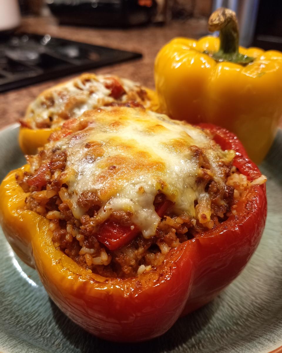 Close-up of two Easy Stuffed Bell Peppers, one red and one yellow, filled with a savory mixture and topped with melted cheese.