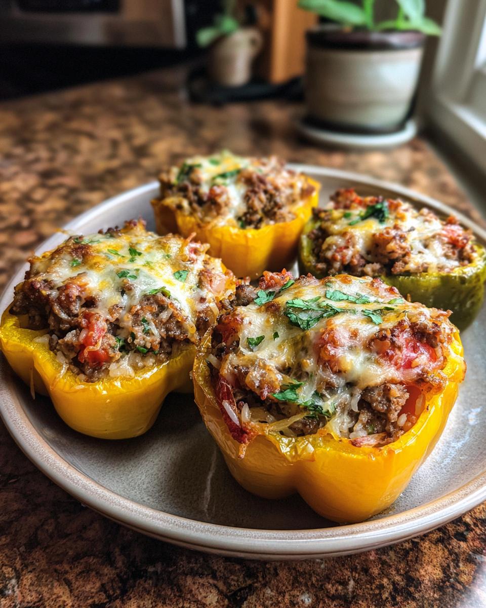 Four colorful Easy Stuffed Bell Peppers filled with seasoned ground beef, rice, and topped with melted cheese and parsley.