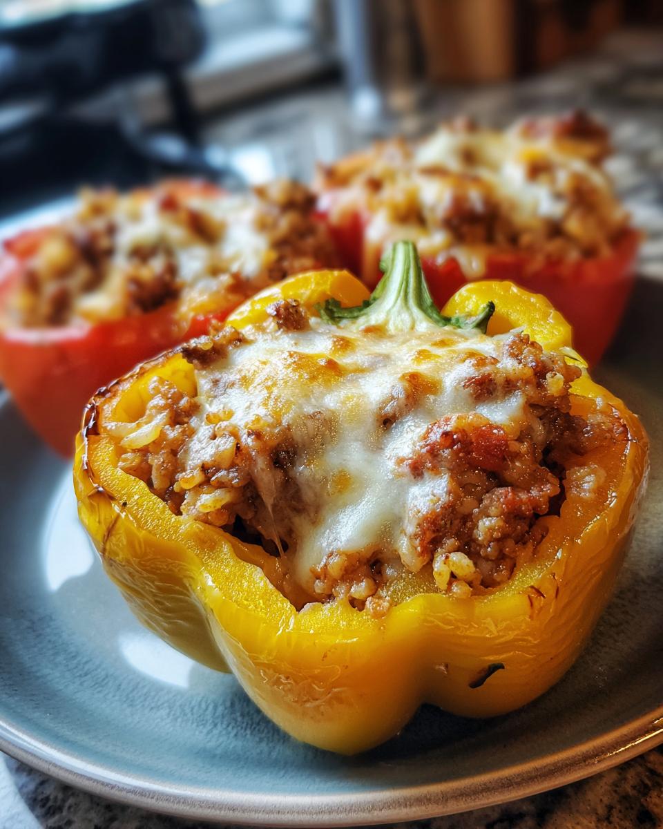 Close-up of a yellow easy stuffed bell pepper filled with meat and rice, topped with melted cheese.