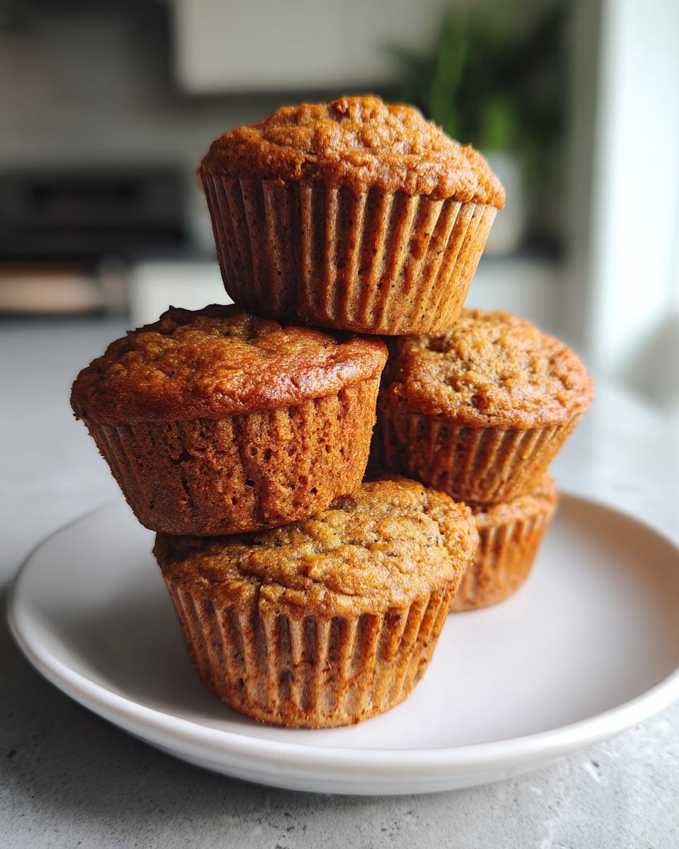 A stack of four Delightful Fathers Day Banana Muffins on a white plate, ready to be enjoyed.