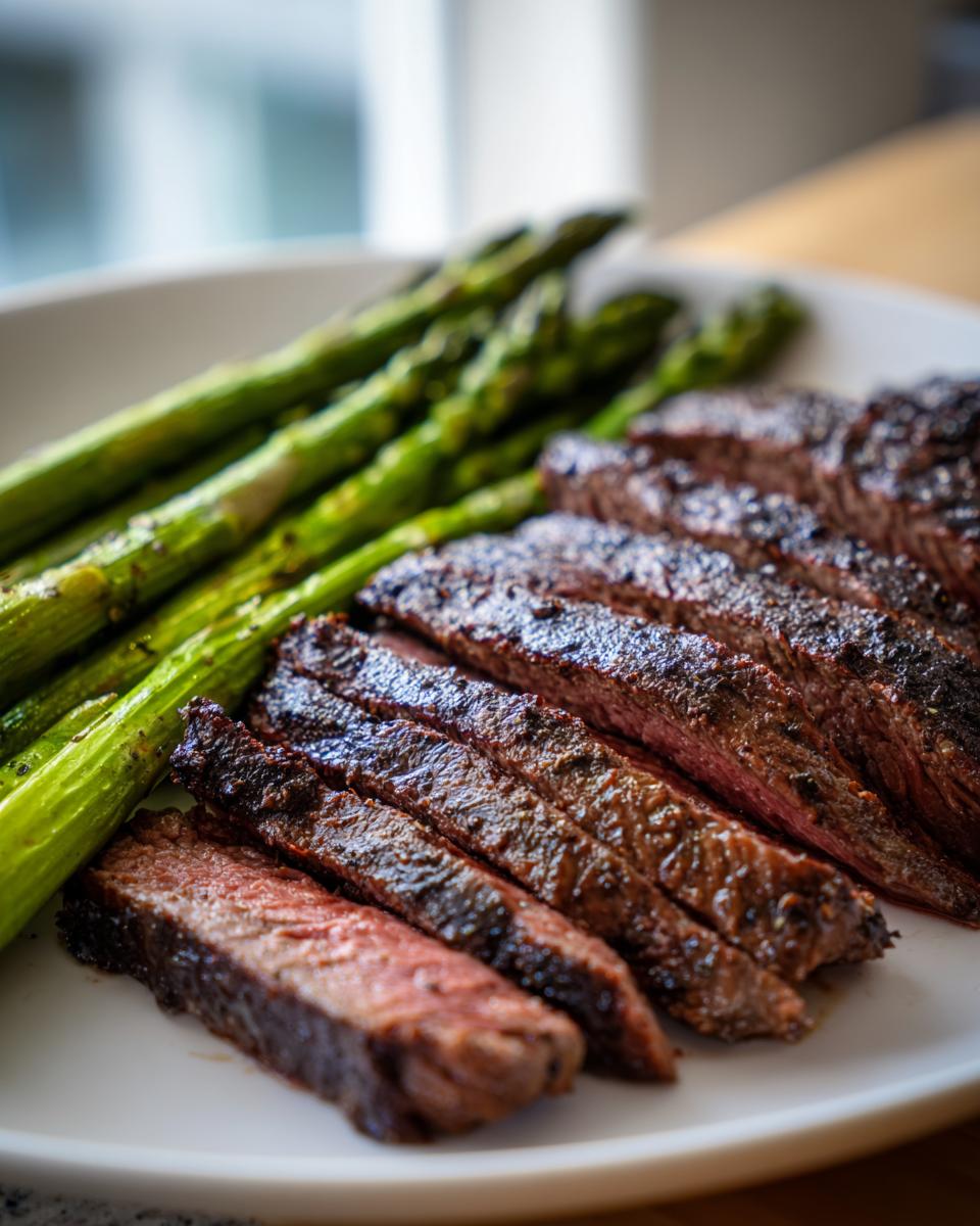 Close-up of sliced steak with grilled asparagus, a perfect cheap Fathers Day dinner idea.