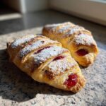Two golden-brown pastries filled with bright red cherry filling, dusted with powdered sugar, perfect for Fathers Day.