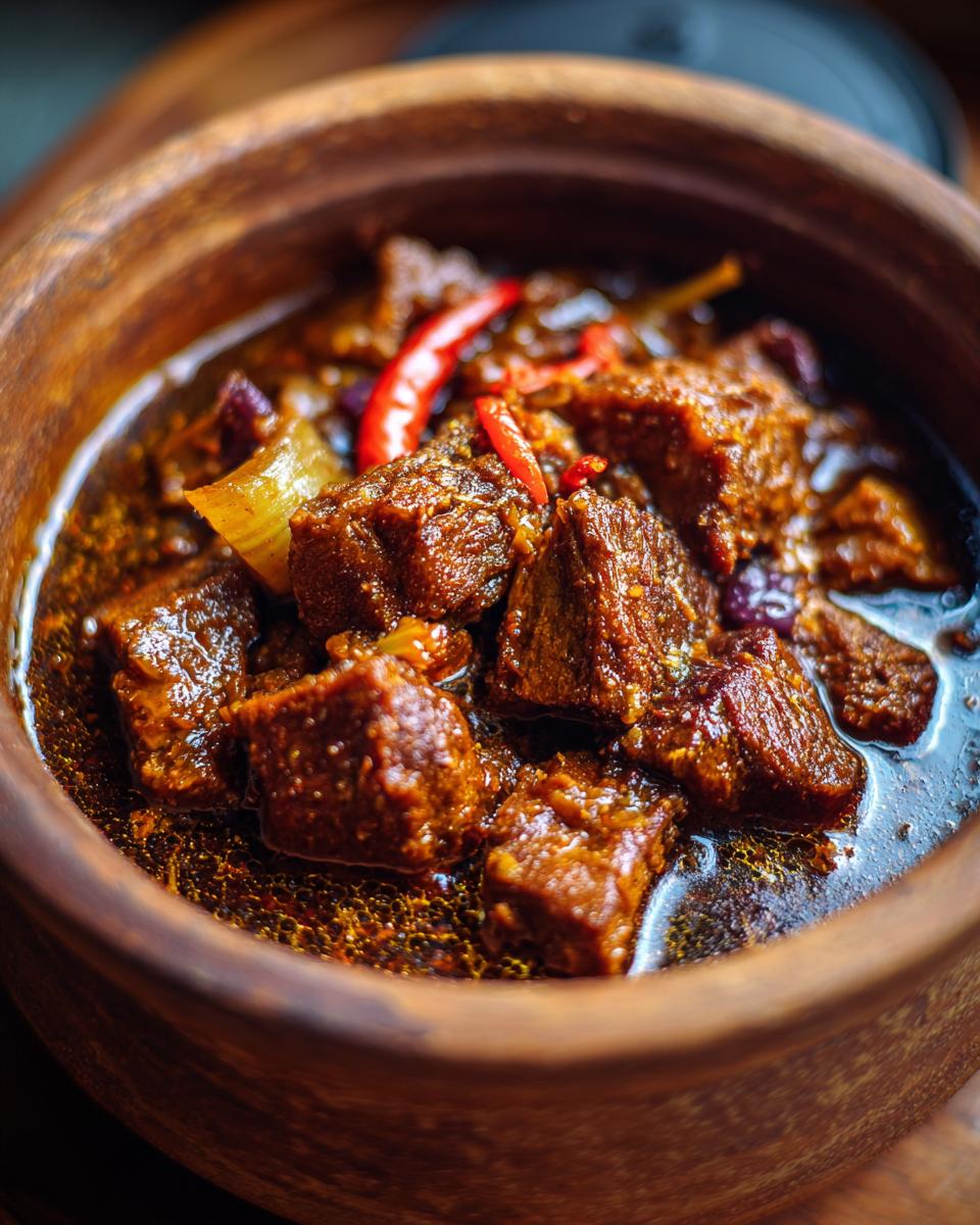 Close-up of tender beef chunks in a rich, dark sauce with red chili peppers, served in a rustic wooden bowl.